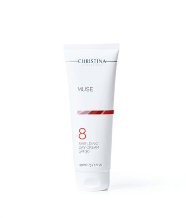 Christina Muse SPF30 shielding day cream, white tube, UV protection skincare moisturiser